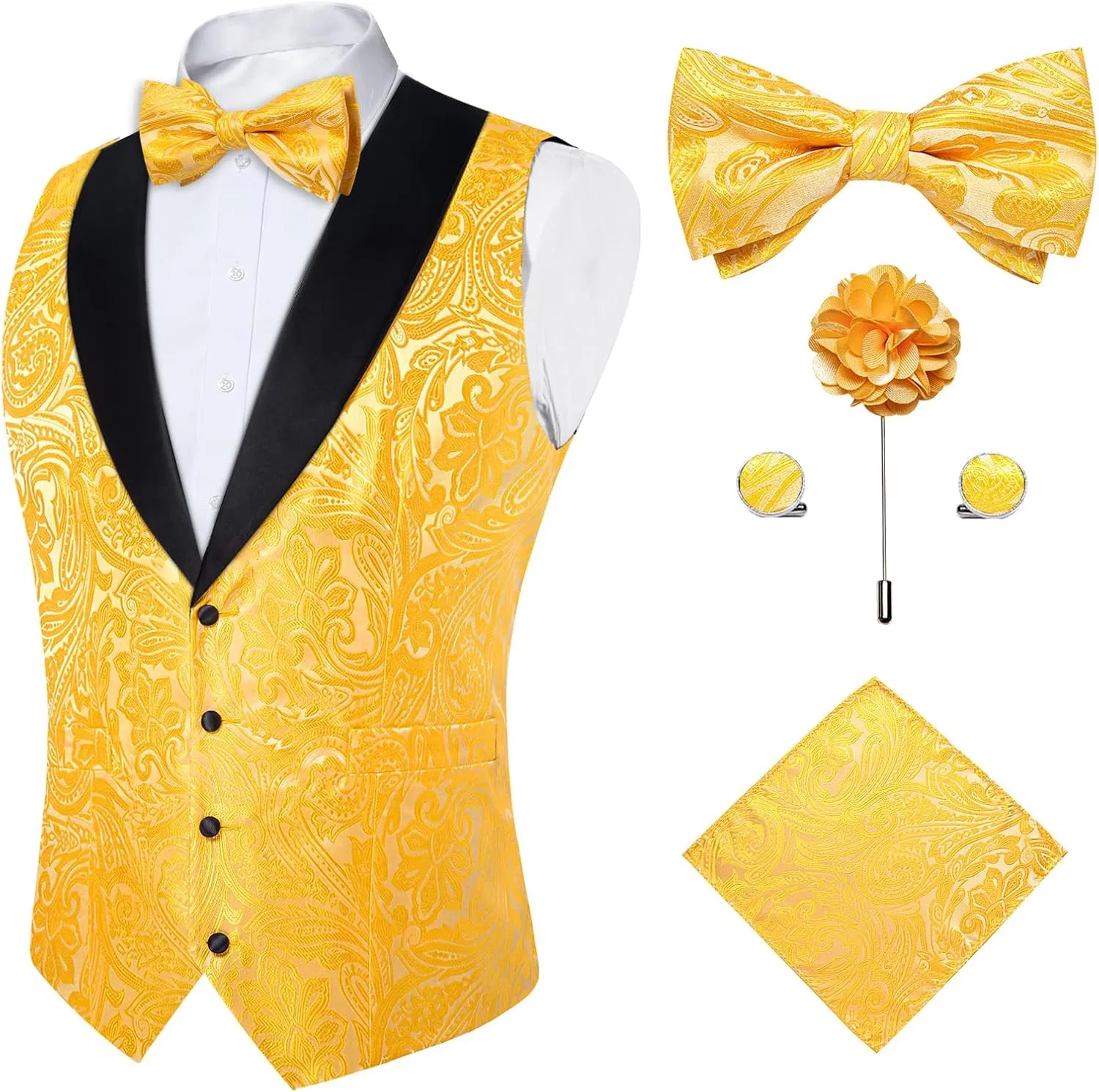 DiBanGu Mens Vest and Bowtie Set Silk Paisley Waistcoat and Bowtie Pocket Square Cufflinks with Lapel Pin for Wedding Party