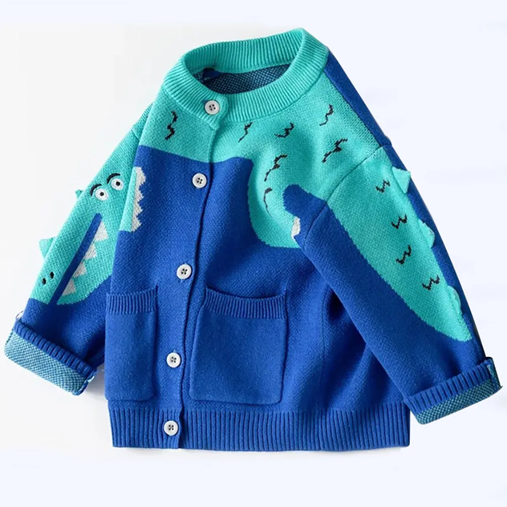 Little Surprise Box Turquoise Blue Dinosaur Cardigan/Warmer/Sweater for Toddlers & Kids