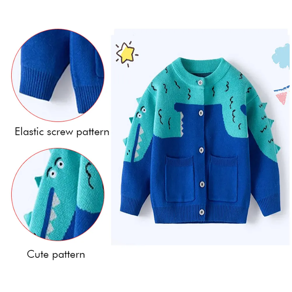 Little Surprise Box Turquoise Blue Dinosaur Cardigan/Warmer/Sweater for Toddlers & Kids