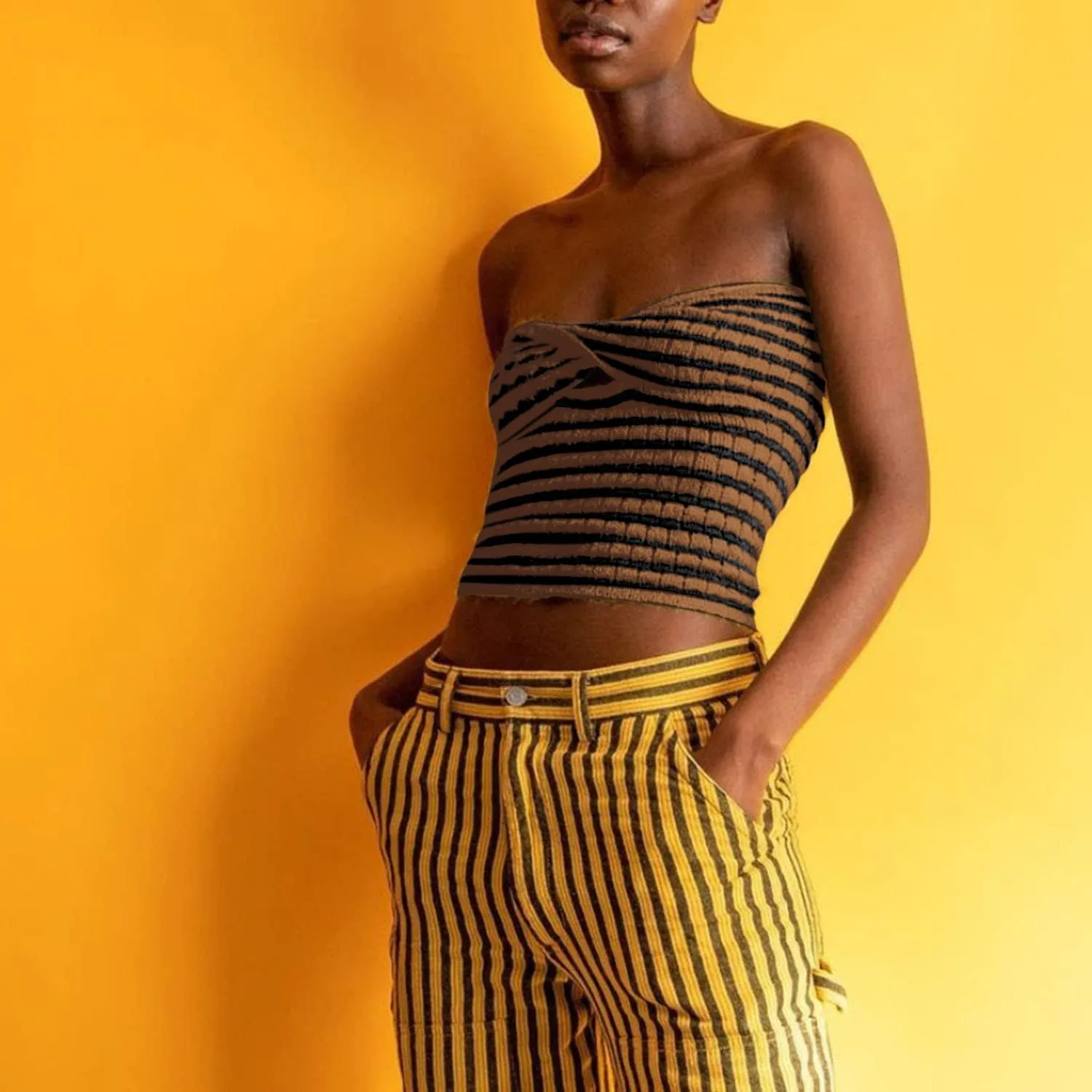 Meladyan Women Twist Front Striped Cutout Knitted Crop Tube Top Bandage Strapless Sleeveless Bandeau Cropped Shirt