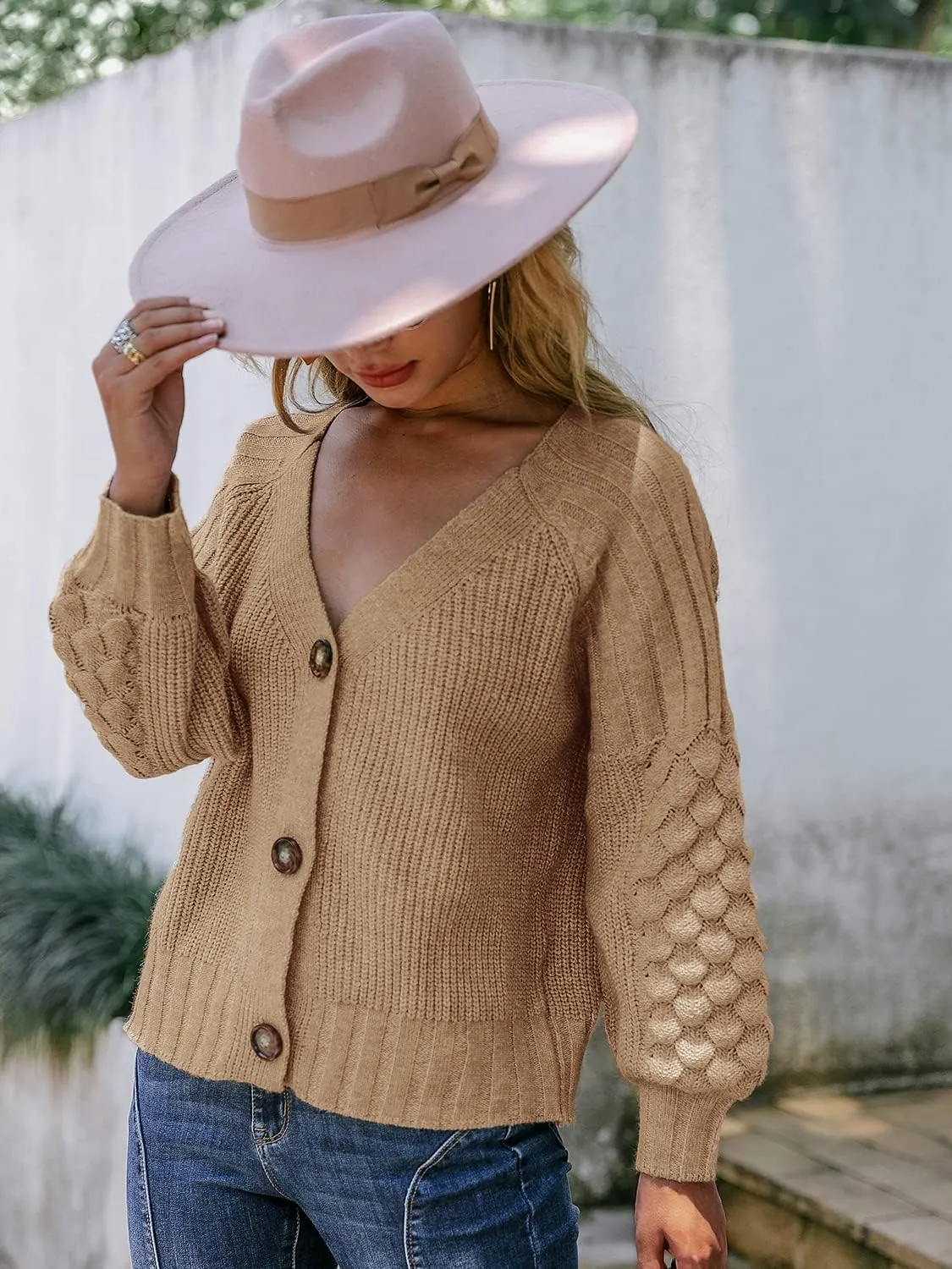 Miessial Women's Button Down Long Sleeve Cardigan Sweaters Chunky Cable Knit Crop Sweater Top