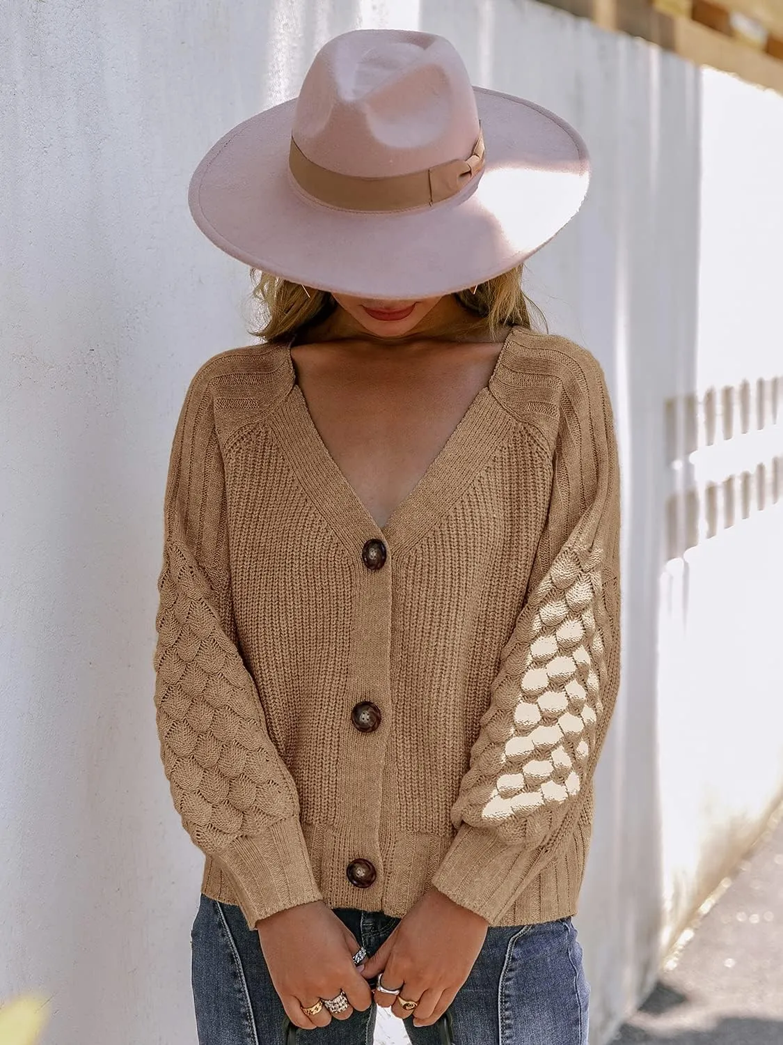 Miessial Women's Button Down Long Sleeve Cardigan Sweaters Chunky Cable Knit Crop Sweater Top