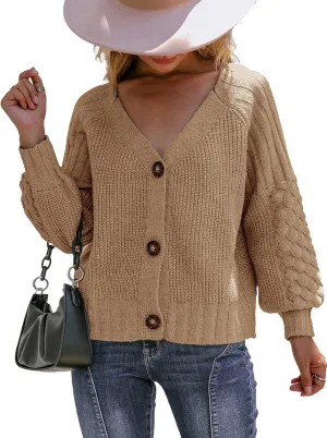 Miessial Women's Button Down Long Sleeve Cardigan Sweaters Chunky Cable Knit Crop Sweater Top