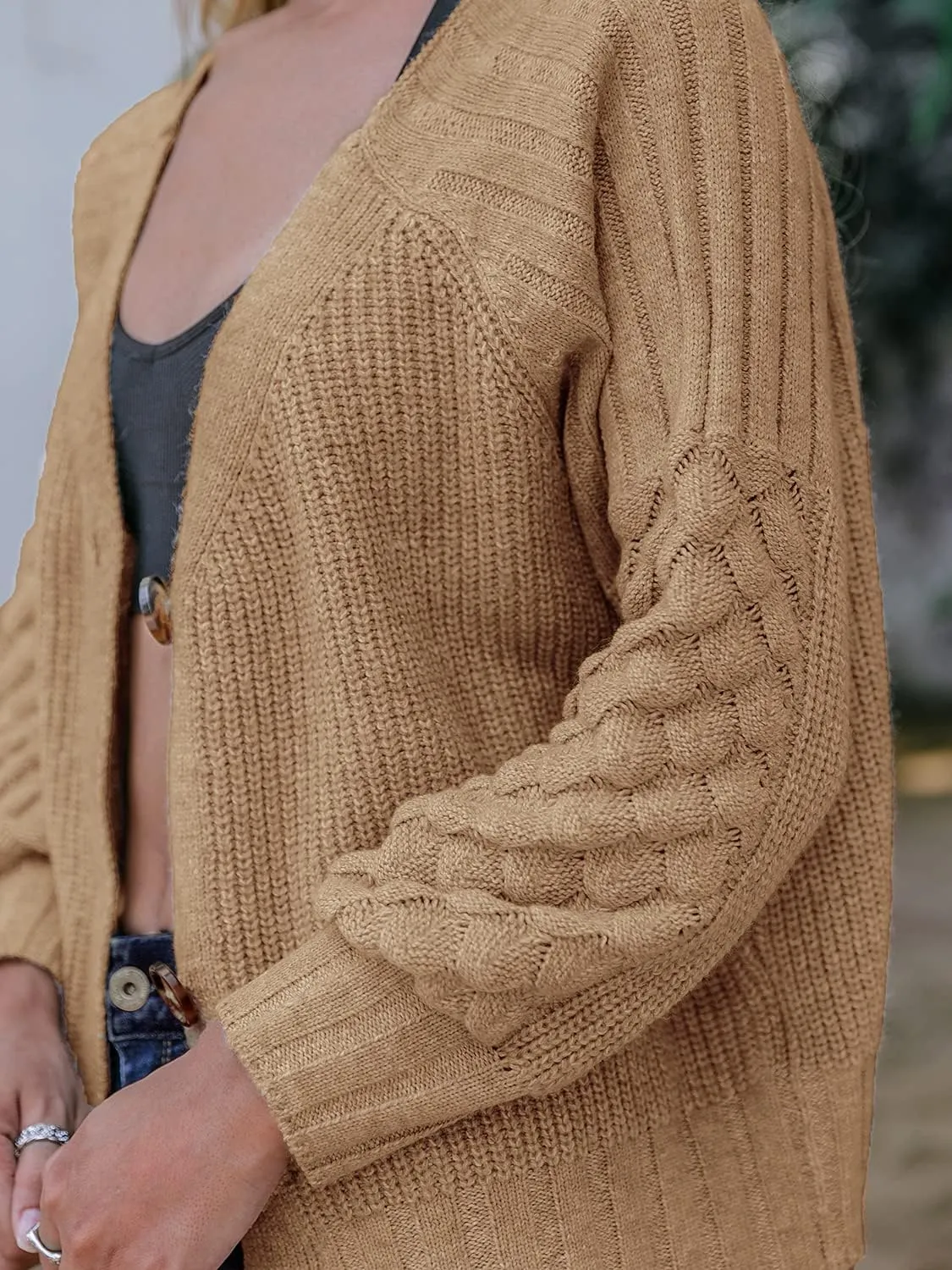 Miessial Women's Button Down Long Sleeve Cardigan Sweaters Chunky Cable Knit Crop Sweater Top