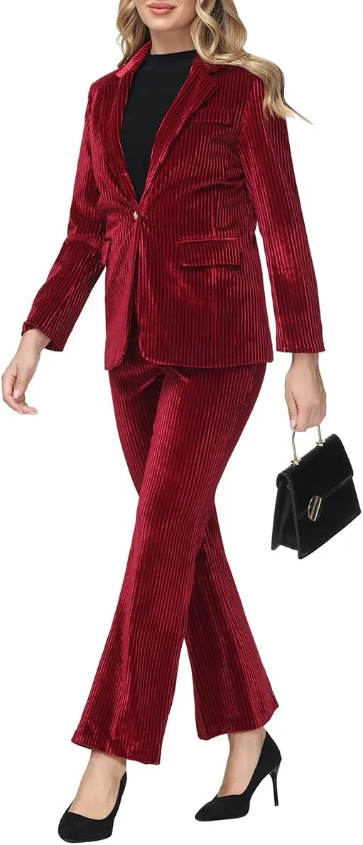 MODFUL Velvet Pant Suits for Women 2 Piece Set Casual Business Office Vintage Trouser-Suit