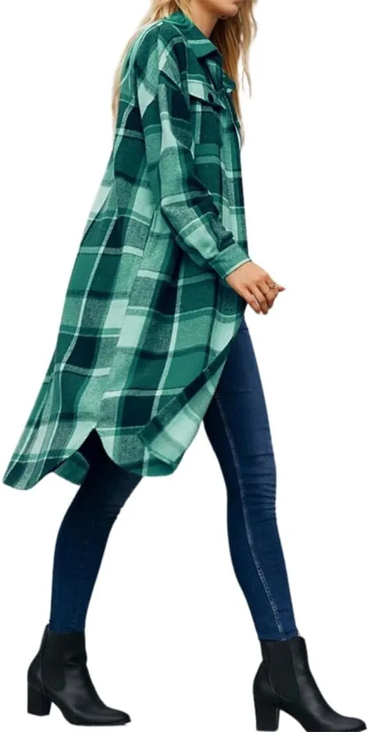 Plaid Shacket Jacket Women Button Down Long Sleeve Shirts Oversized Woolen Blend Winter Coats Boyfriend Outwear