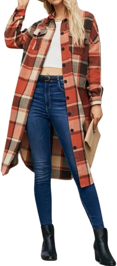 Plaid Shacket Jacket Women Button Down Long Sleeve Shirts Oversized Woolen Blend Winter Coats Boyfriend Outwear
