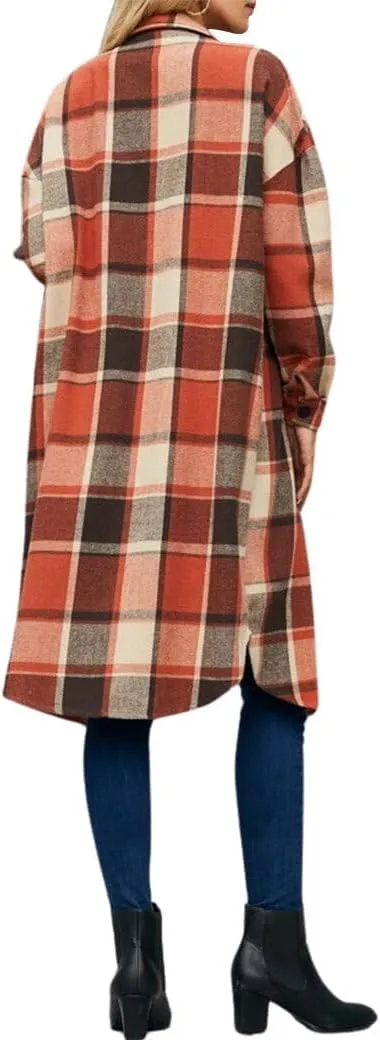 Plaid Shacket Jacket Women Button Down Long Sleeve Shirts Oversized Woolen Blend Winter Coats Boyfriend Outwear