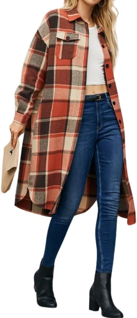 Plaid Shacket Jacket Women Button Down Long Sleeve Shirts Oversized Woolen Blend Winter Coats Boyfriend Outwear