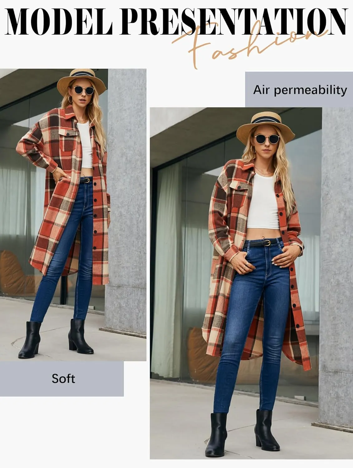 Plaid Shacket Jacket Women Button Down Long Sleeve Shirts Oversized Woolen Blend Winter Coats Boyfriend Outwear