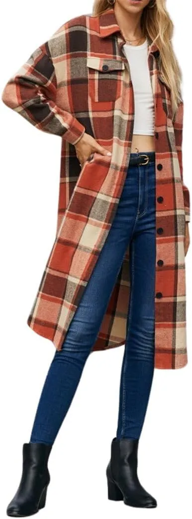 Plaid Shacket Jacket Women Button Down Long Sleeve Shirts Oversized Woolen Blend Winter Coats Boyfriend Outwear
