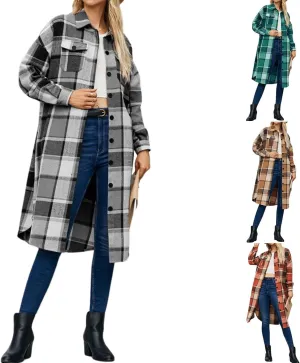 Plaid Shacket Jacket Women Button Down Long Sleeve Shirts Oversized Woolen Blend Winter Coats Boyfriend Outwear