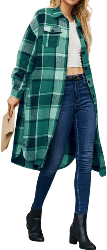 Plaid Shacket Jacket Women Button Down Long Sleeve Shirts Oversized Woolen Blend Winter Coats Boyfriend Outwear