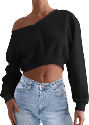 REORIA Womens Cropped Oversized Sweatshirts V Neck Long Sleeve Pullover 2024 Fall Teen Girls Y2K Fashion Crop Tops