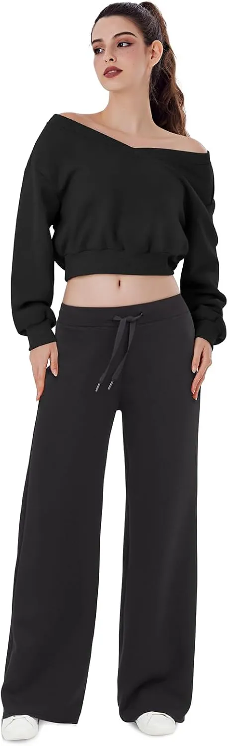REORIA Womens Cropped Oversized Sweatshirts V Neck Long Sleeve Pullover 2024 Fall Teen Girls Y2K Fashion Crop Tops