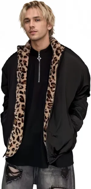 Unisex Leopard Bomber Jacket Men Reversible Cheetah Print Faux Fur Coat Y2k Vintage Oversized Sweatshirt Streetwear