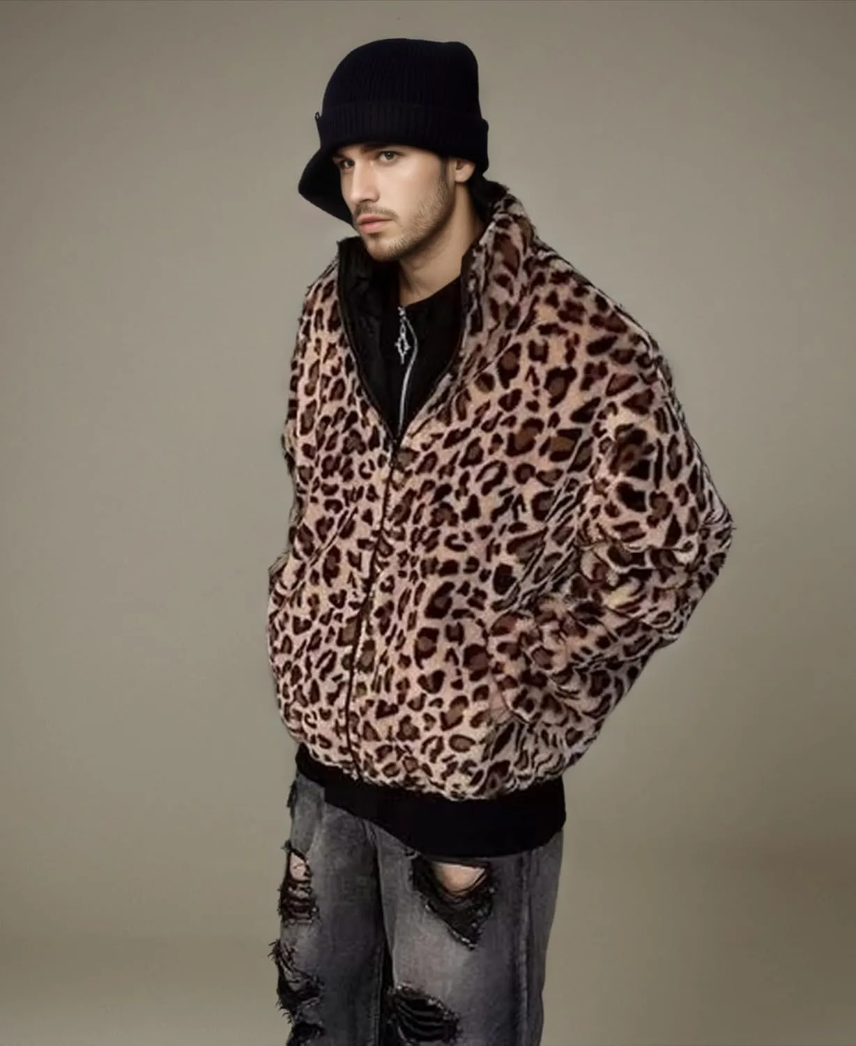 Unisex Leopard Bomber Jacket Men Reversible Cheetah Print Faux Fur Coat Y2k Vintage Oversized Sweatshirt Streetwear