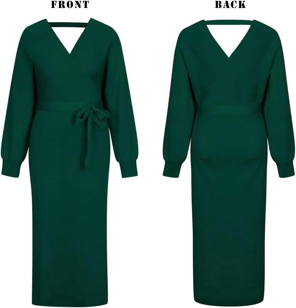 Viottiset Women's V Neck Long Batwing Sleeve Wrap Midi Knit Sweater Dress Elegant Backless with Belt Slit