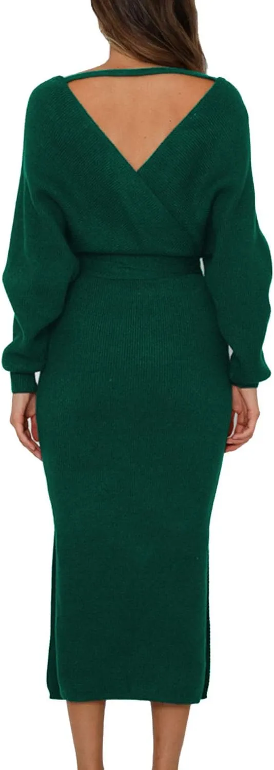 Viottiset Women's V Neck Long Batwing Sleeve Wrap Midi Knit Sweater Dress Elegant Backless with Belt Slit