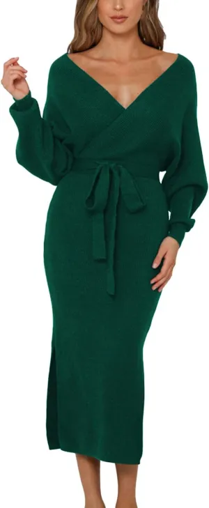 Viottiset Women's V Neck Long Batwing Sleeve Wrap Midi Knit Sweater Dress Elegant Backless with Belt Slit