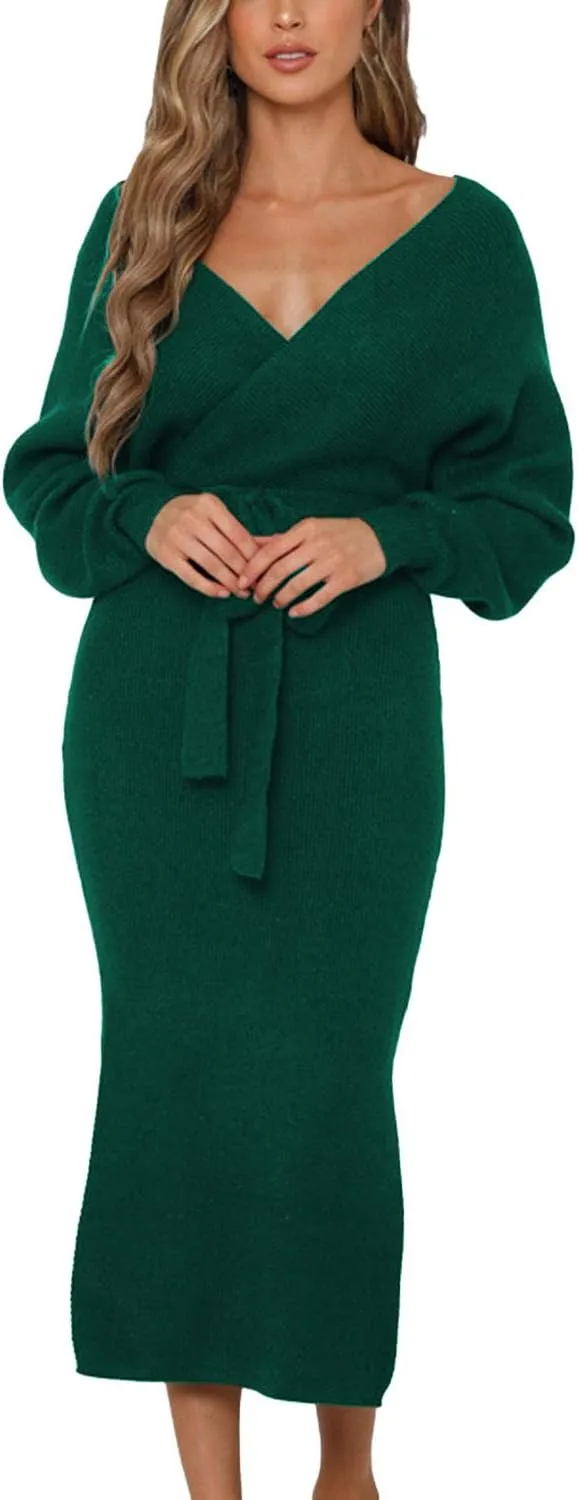 Viottiset Women's V Neck Long Batwing Sleeve Wrap Midi Knit Sweater Dress Elegant Backless with Belt Slit