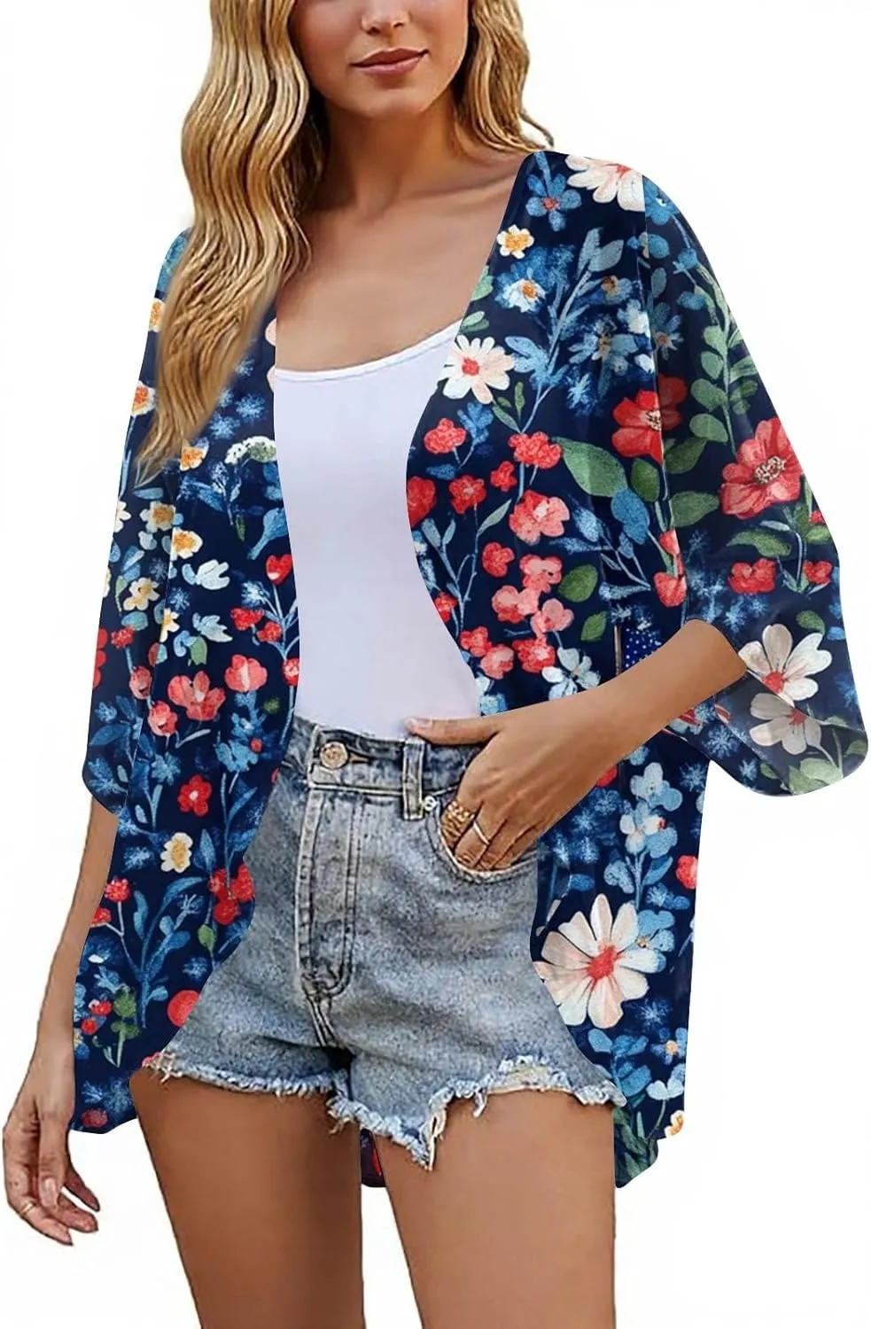 Women American Flag Lightweight Chiffon Kimono Cardigan Short Sleeve 4th of July Coverup Casual Open Front Blouse Top
