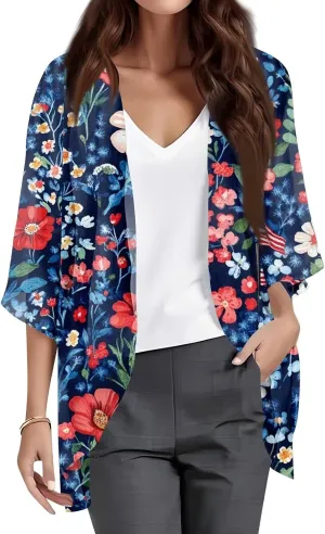 Women American Flag Lightweight Chiffon Kimono Cardigan Short Sleeve 4th of July Coverup Casual Open Front Blouse Top