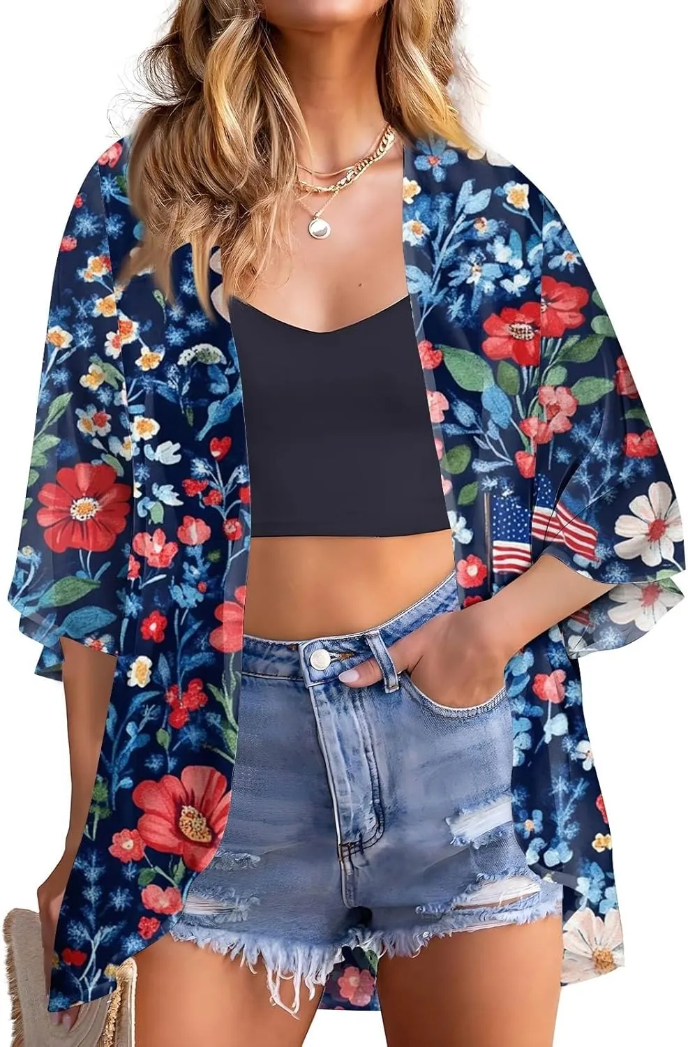 Women American Flag Lightweight Chiffon Kimono Cardigan Short Sleeve 4th of July Coverup Casual Open Front Blouse Top
