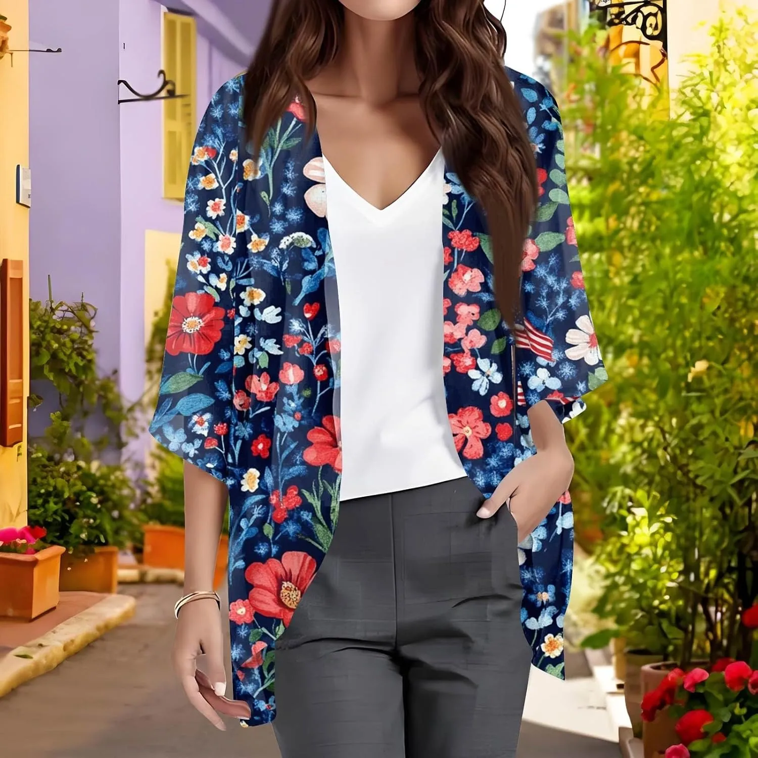 Women American Flag Lightweight Chiffon Kimono Cardigan Short Sleeve 4th of July Coverup Casual Open Front Blouse Top